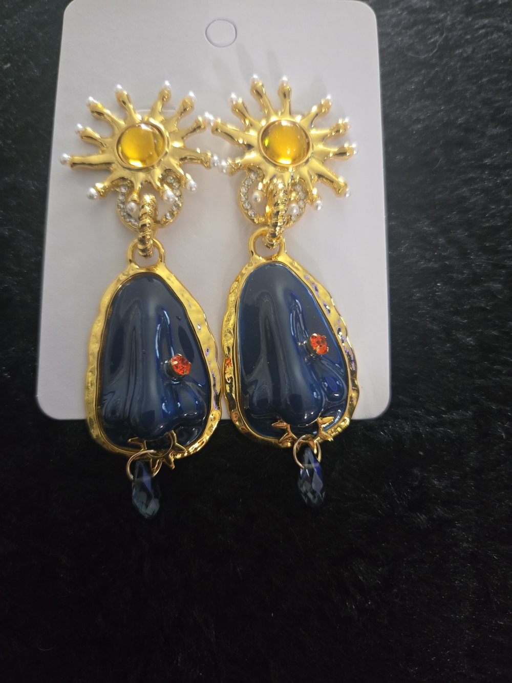 Schiaparelli Inspired Gold Sunburst Drop Earrings with Navy & Orange Accents